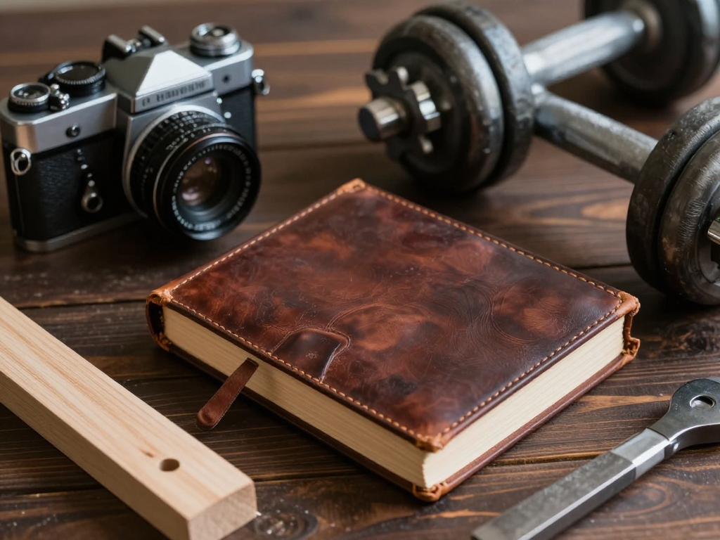 Hobby-Details: Kamera, Buch, Hanteln, Werkzeuge